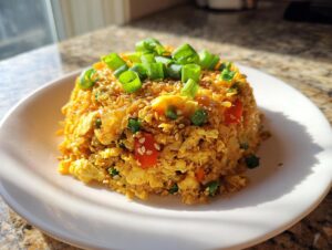 A mound of golden cauliflower fried rice topped with sesame seeds and fresh green onions on a white plate.