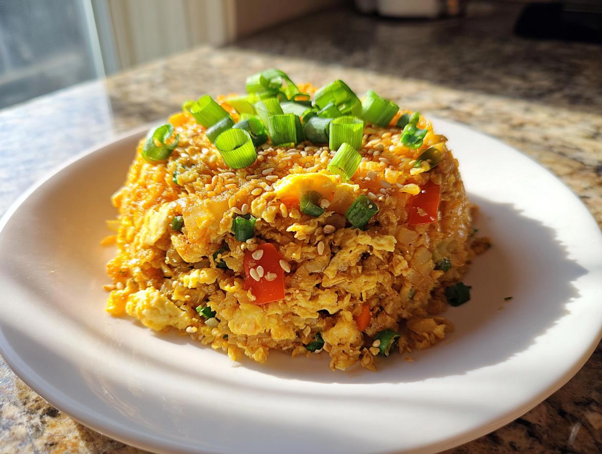 A mound of golden cauliflower fried rice topped with sesame seeds and fresh green onions on a white plate.