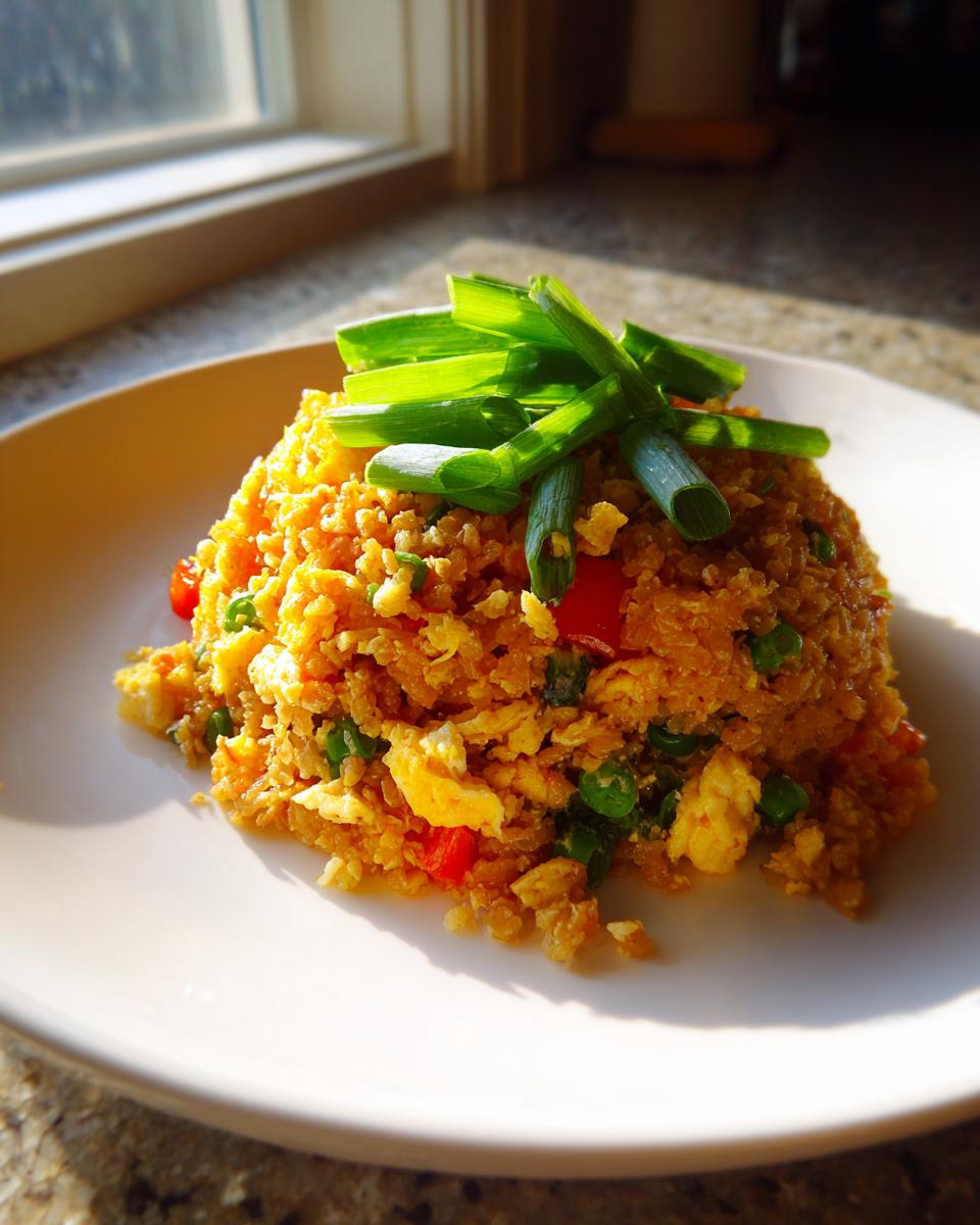 A mound of golden cauliflower fried rice mixed with peas and red peppers, topped with bright green scallions.