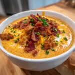 A close-up of a hearty bowl of cheeseburger soup recipe, topped generously with crumbled bacon, shredded cheddar, and fresh chives.