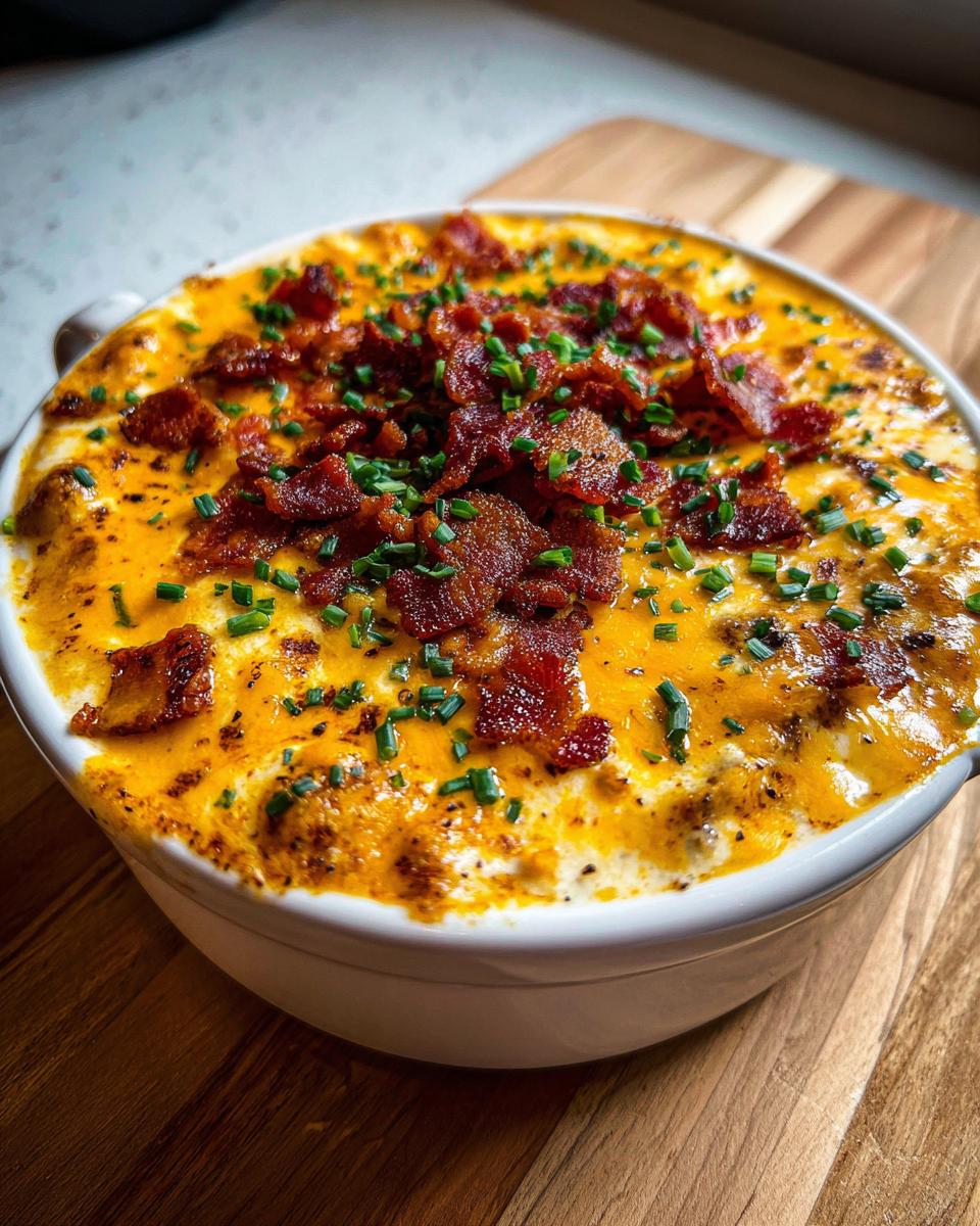 A bowl of creamy cheeseburger soup recipe, richly topped with melted cheddar cheese, crispy bacon bits, and fresh chopped chives.