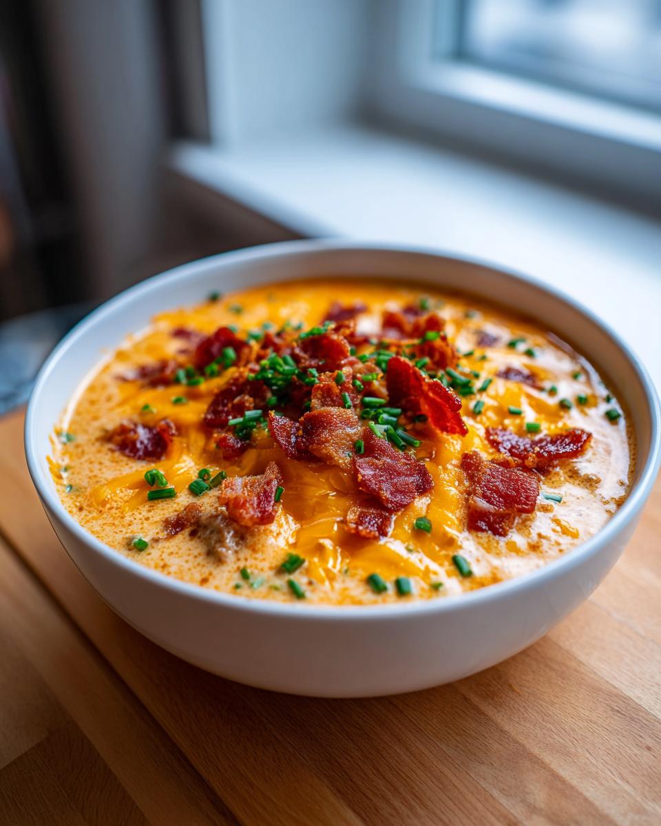 A close-up of a creamy, cheesy cheeseburger soup recipe topped generously with crispy bacon bits and fresh chives.