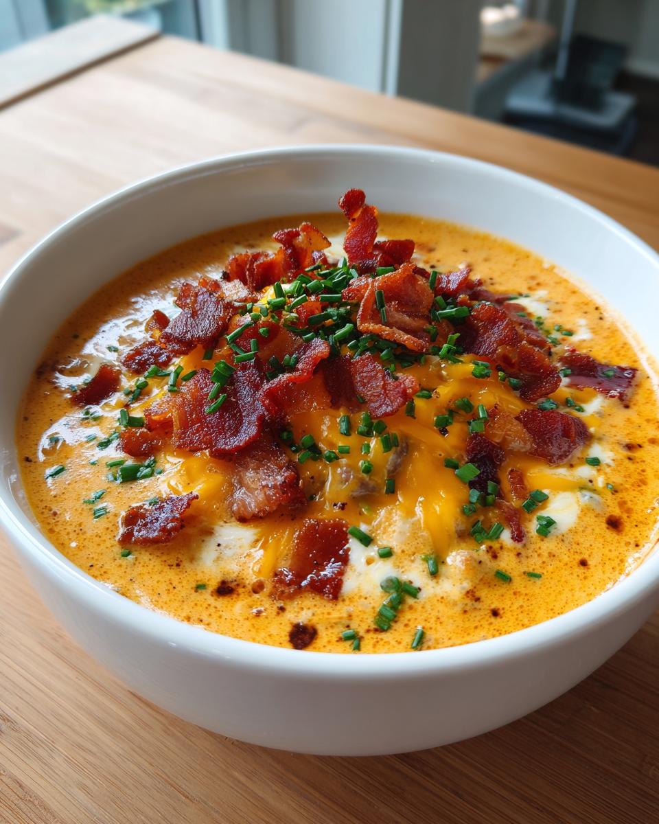 A close-up of a bowl of creamy cheeseburger soup recipe, topped generously with melted cheddar, crispy bacon pieces, and fresh chives.