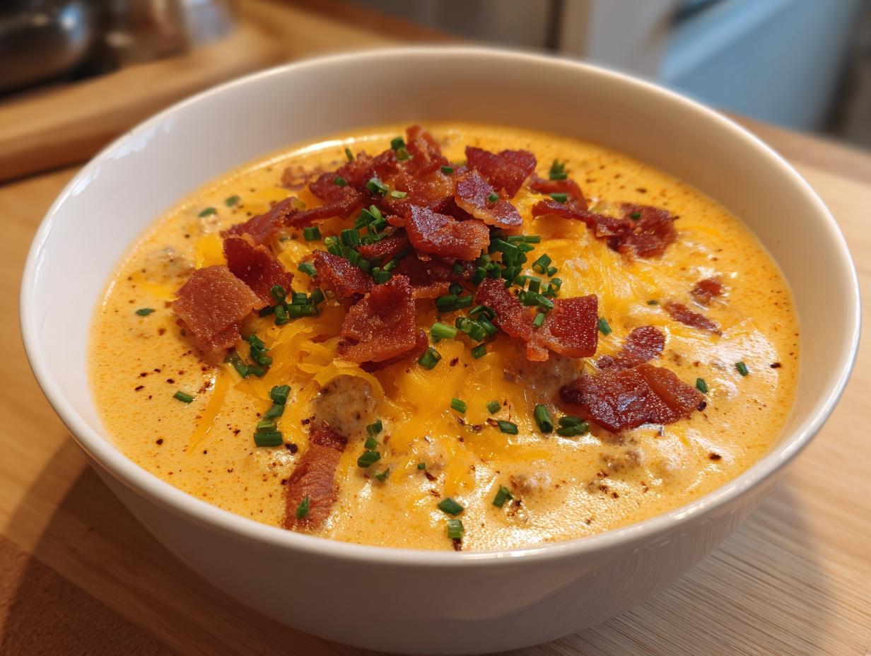 Close-up of a bowl of creamy cheeseburger soup recipe, topped with shredded cheddar, crispy bacon bits, and chives.