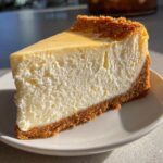 A thick, creamy slice of classic cheesecake recipe on a white plate, showing a graham cracker crust.