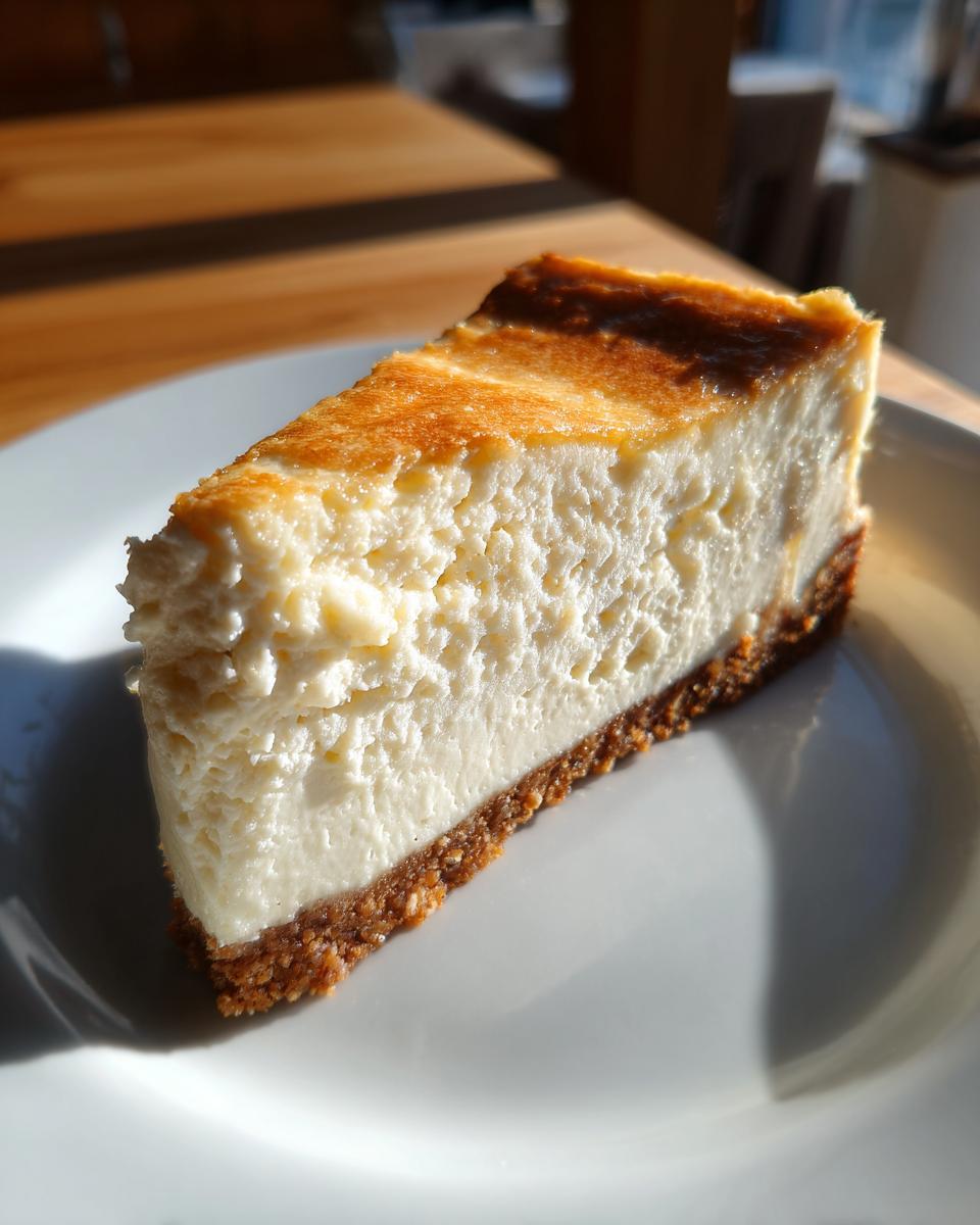 A close-up of a thick slice of baked cheesecake recipe on a white plate, showing a golden top and graham cracker crust.