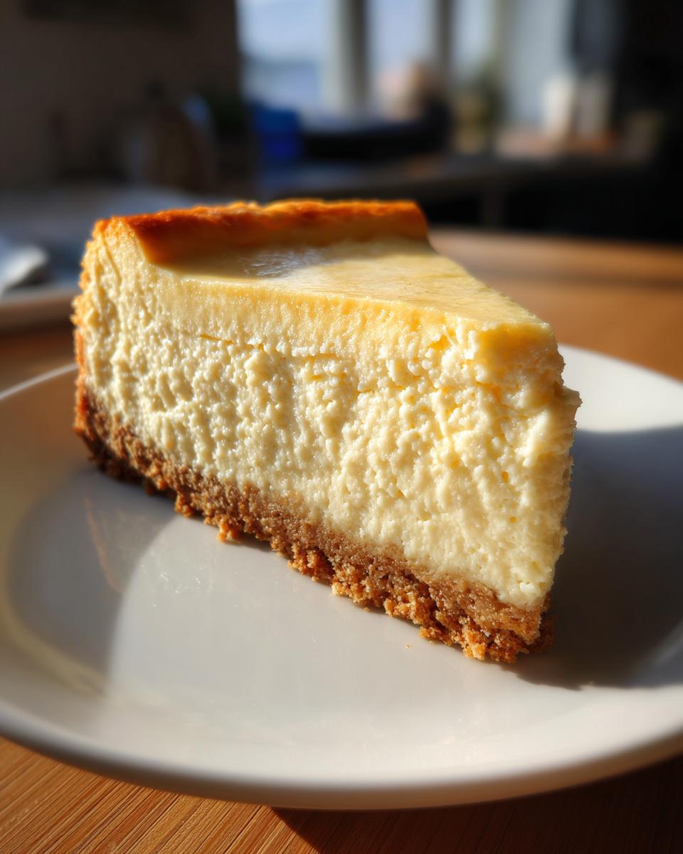 A close-up, sunlit slice of creamy baked cheesecake recipe on a white plate.