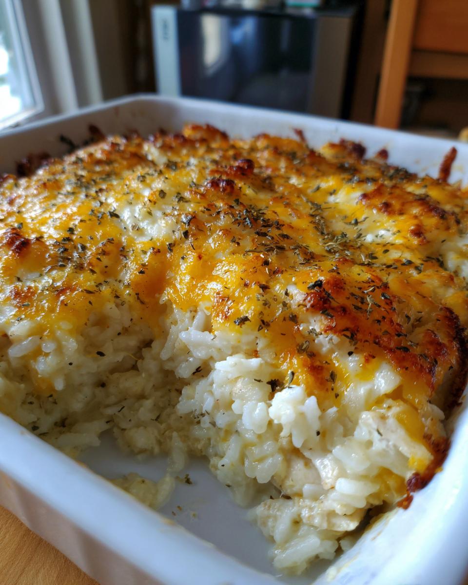 A close-up of a baked chicken and rice casserole topped with melted, browned cheddar cheese and herbs.