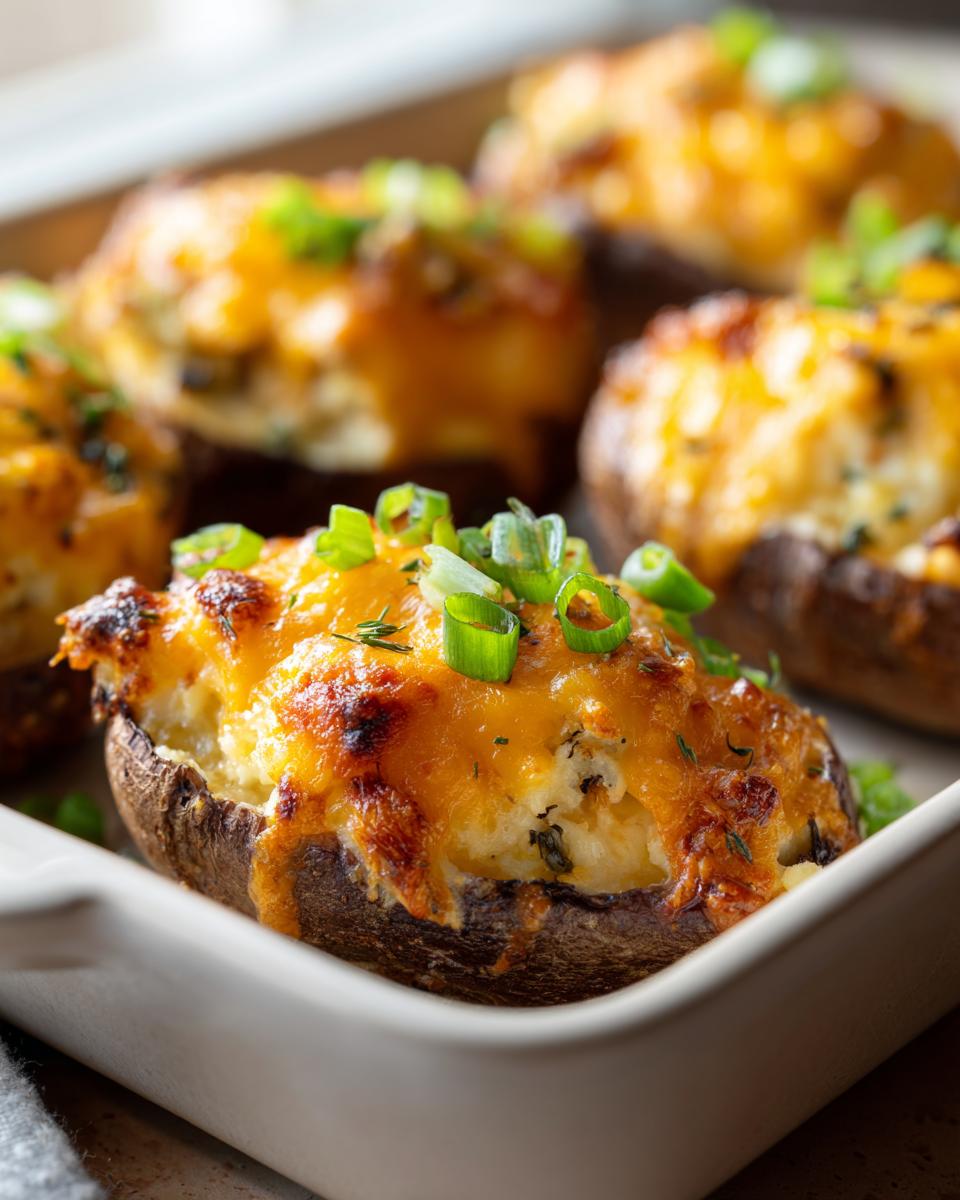 Close-up of twice-baked potatoes, a type of baked potato casserole, topped with melted cheddar cheese and green onions.