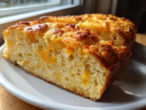 Close-up of a thick slice of cheesy beer bread showing a fluffy interior and golden, baked cheese topping.