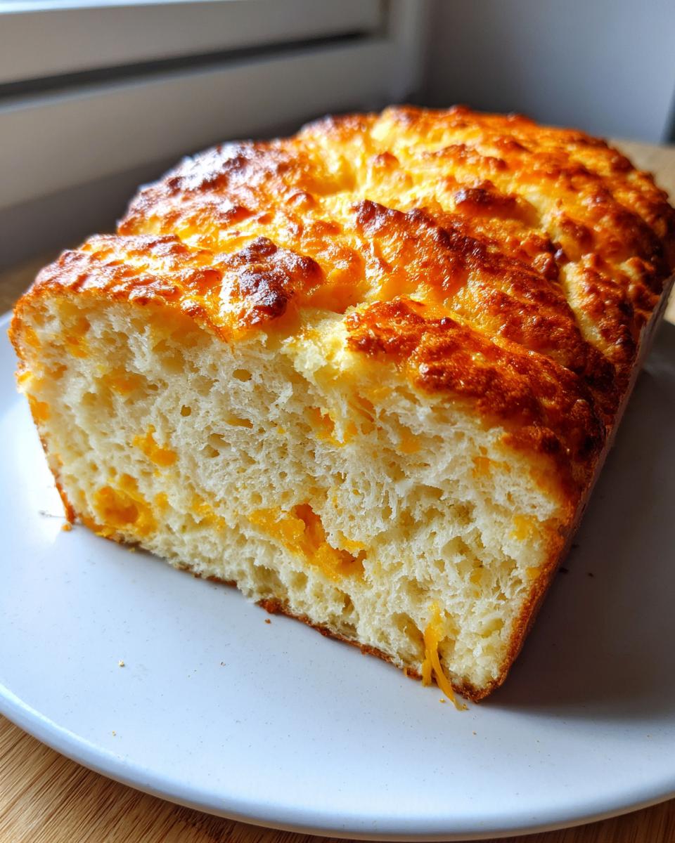Close-up of a slice of homemade beer bread showing a soft interior with melted cheddar cheese chunks and a golden, crunchy top.