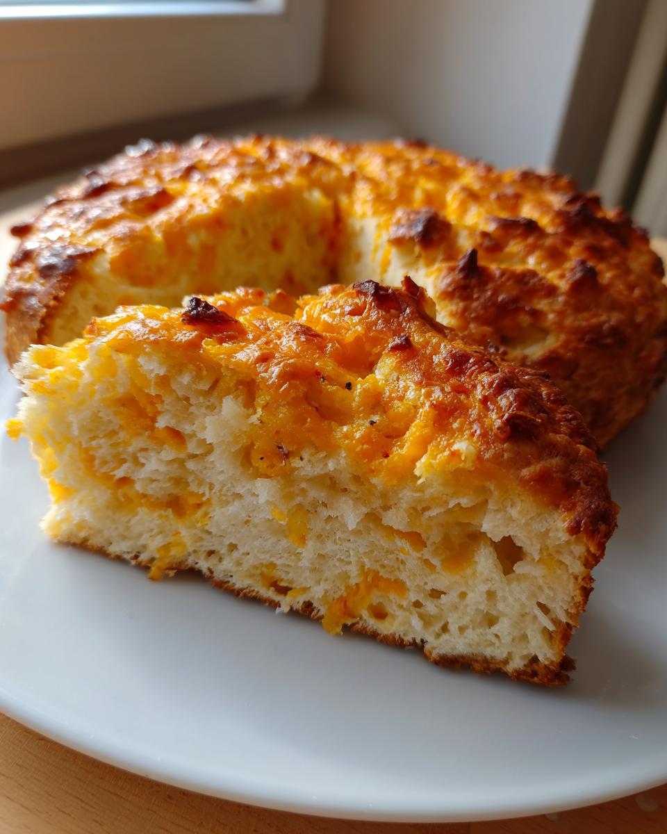 Close-up of a slice of fluffy, cheesy beer bread with a golden-brown crust, resting on a white plate.
