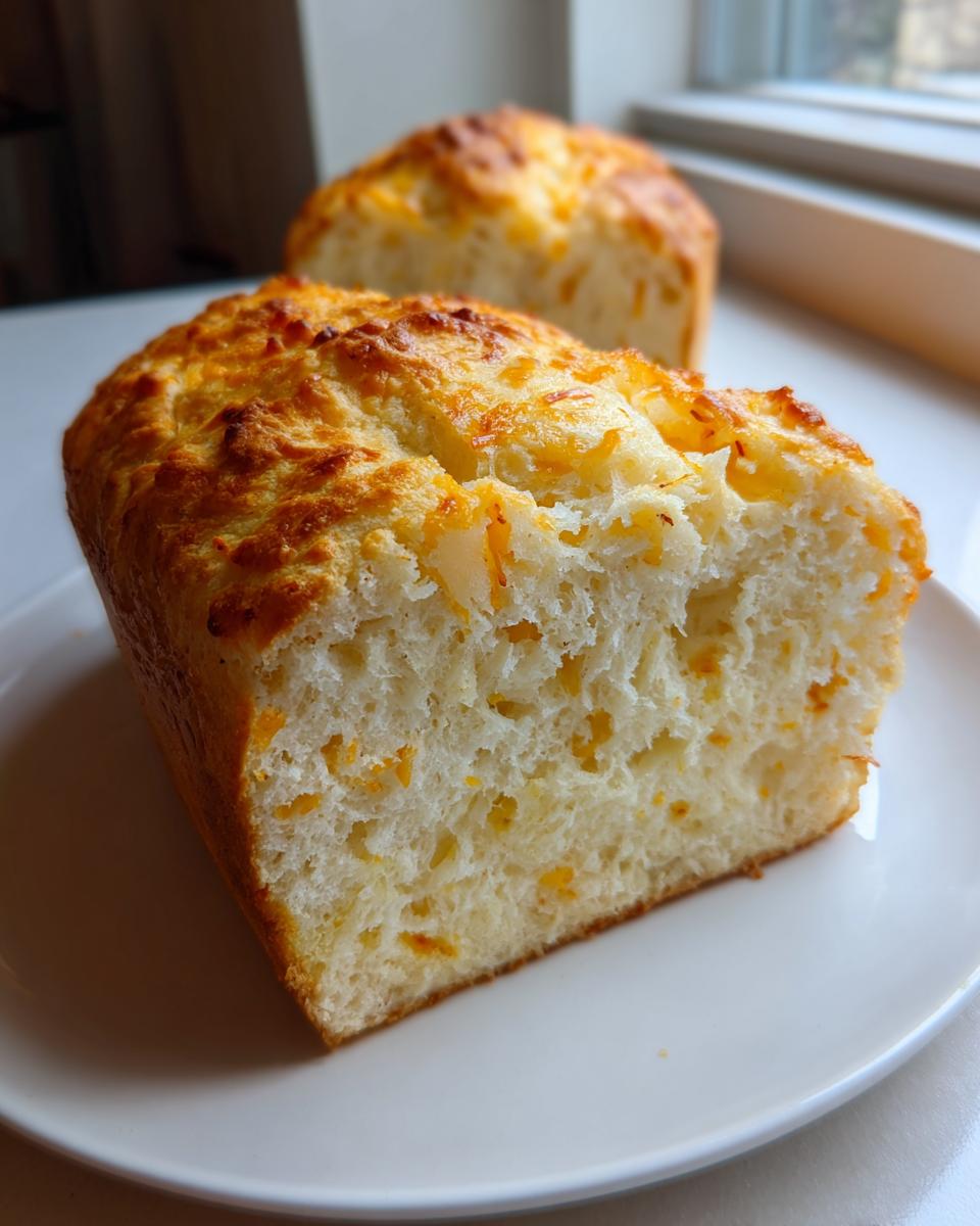 A thick slice of golden-crusted, cheesy beer bread showing a soft, airy interior on a white plate.