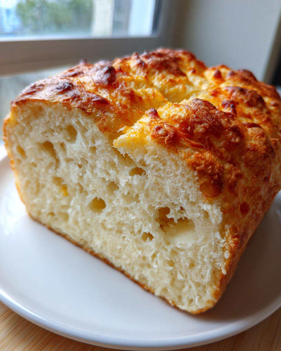 A thick slice of homemade beer bread showing a soft, airy interior and a golden, cheesy, baked crust.