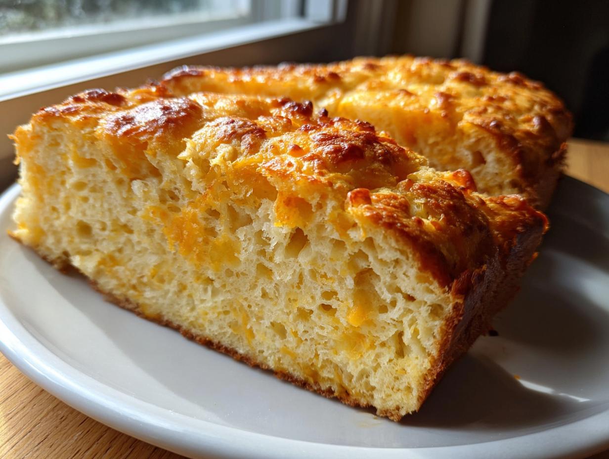 Close-up of a thick slice of cheesy beer bread showing a fluffy interior and golden, baked cheese topping.