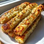 Close-up of several golden, cheesy breadsticks topped with dried herbs, stacked on a white plate.