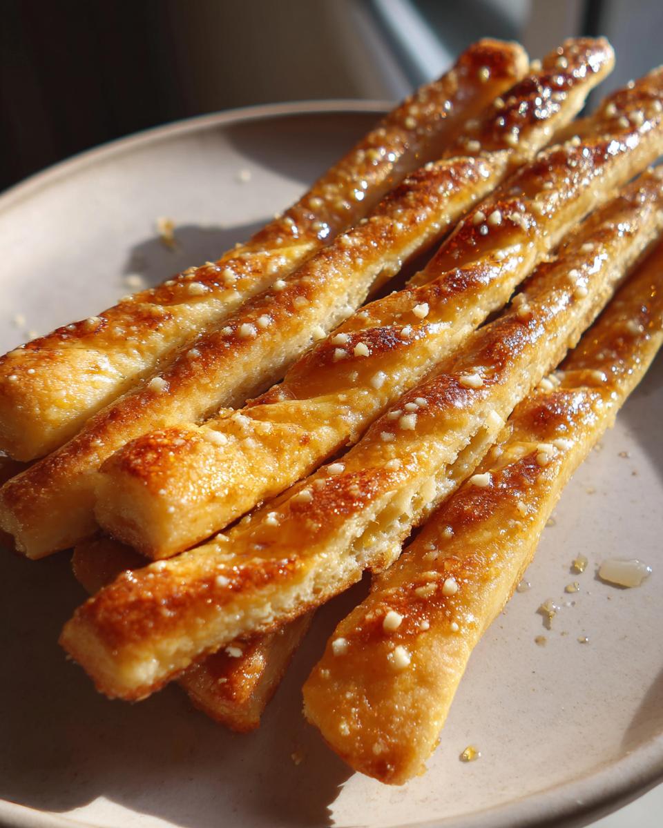 Close-up of golden, twisted cheesy breadsticks piled on a light plate, glistening with butter and topped with garlic bits.