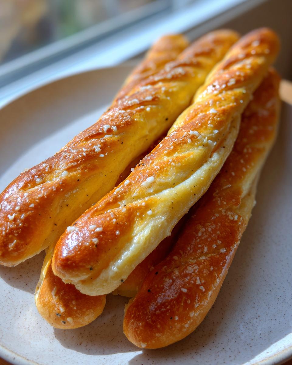 Close-up of several golden brown, twisted breadsticks sprinkled with coarse salt on a speckled plate.