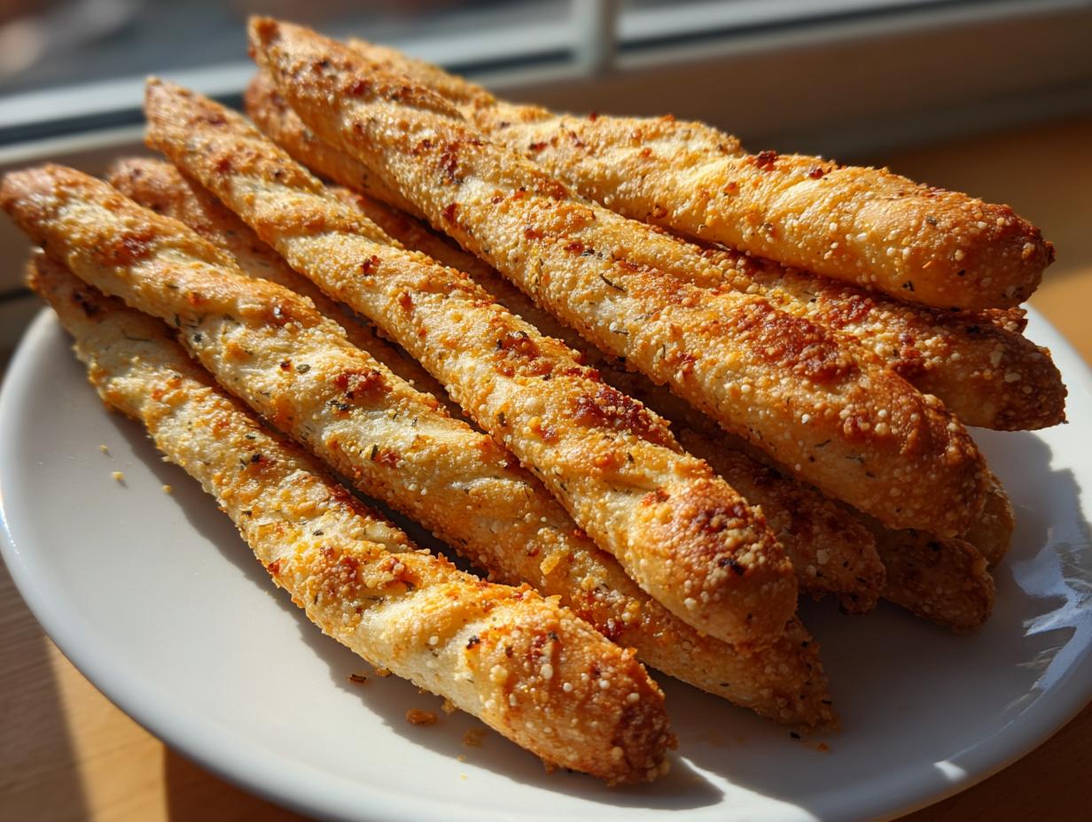 A close-up of several golden, cheesy breadsticks seasoned with herbs, piled high on a white plate.