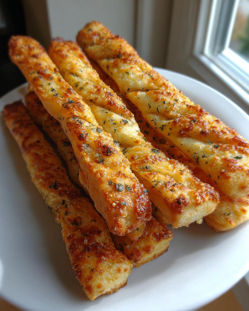 A close-up of several golden, cheesy breadsticks sprinkled with herbs, piled on a white plate.