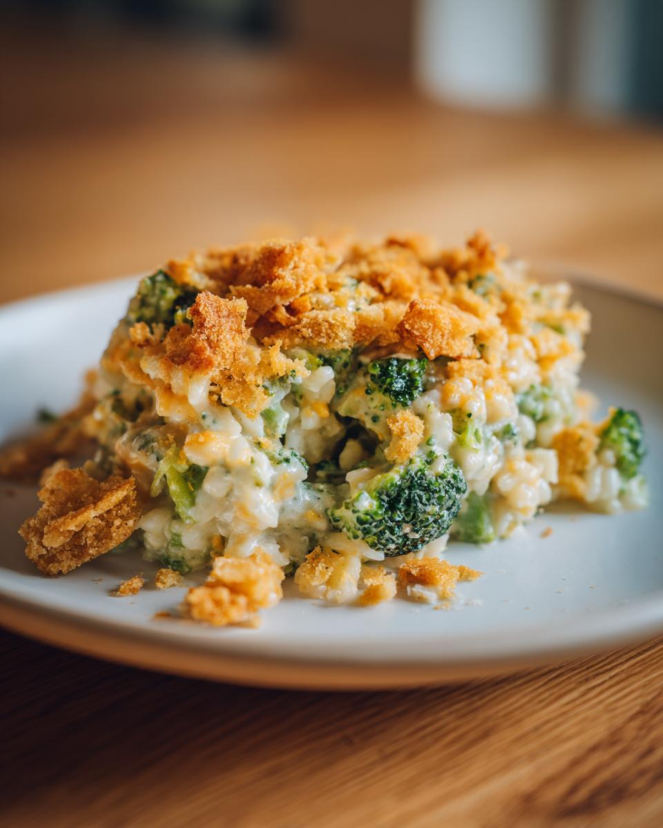 A close-up of a serving of cheesy broccoli rice, featuring bright green florets and a crunchy golden topping.