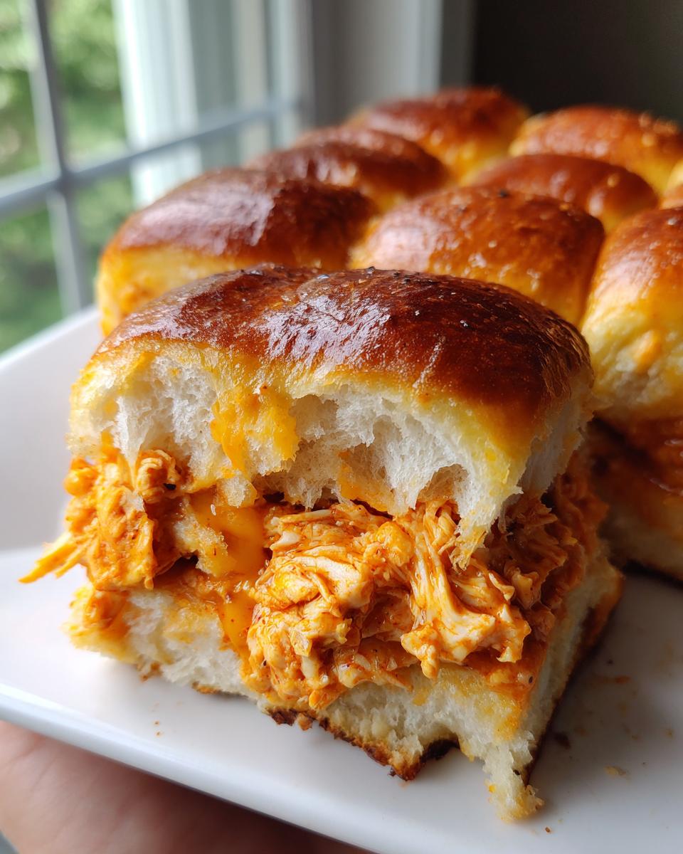 A close-up view of one of the buffalo chicken sliders cut open, showing shredded chicken mixed with orange sauce and melted cheese inside a soft roll.