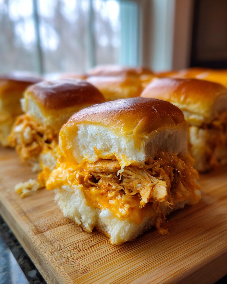 A close-up of a cheesy buffalo chicken sliders sandwich cut in half, showing shredded chicken filling on a wooden cutting board.
