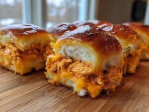 Close-up of gooey, cheesy buffalo chicken sliders on a wooden cutting board, ready to eat.