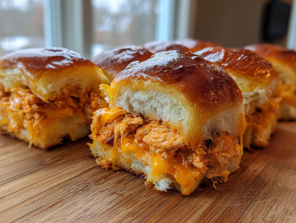 Close-up of gooey, cheesy buffalo chicken sliders on a wooden cutting board, ready to eat.