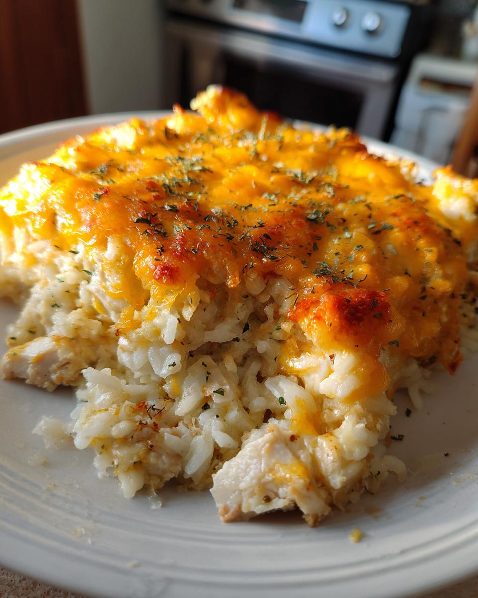 A close-up of a serving of creamy chicken and rice casserole topped with melted cheddar cheese and herbs.