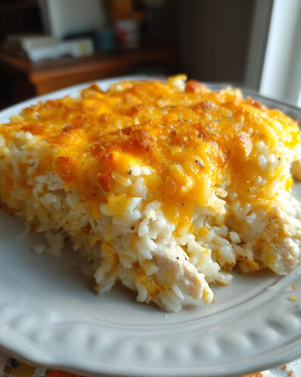 A close-up of a portion of cheesy chicken and rice casserole topped with melted cheddar cheese.