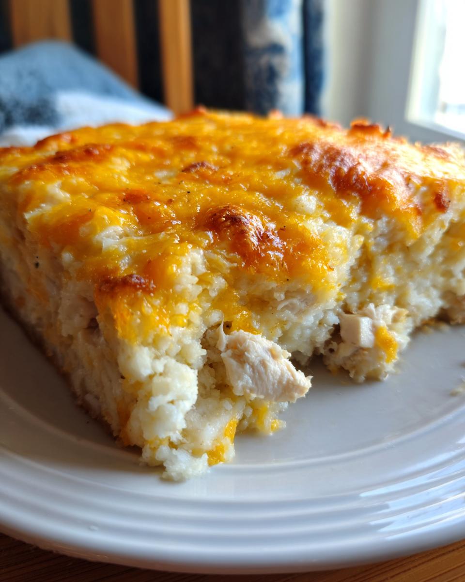A close-up of a hearty slice of baked chicken and rice casserole topped with melted, bubbly cheddar cheese.