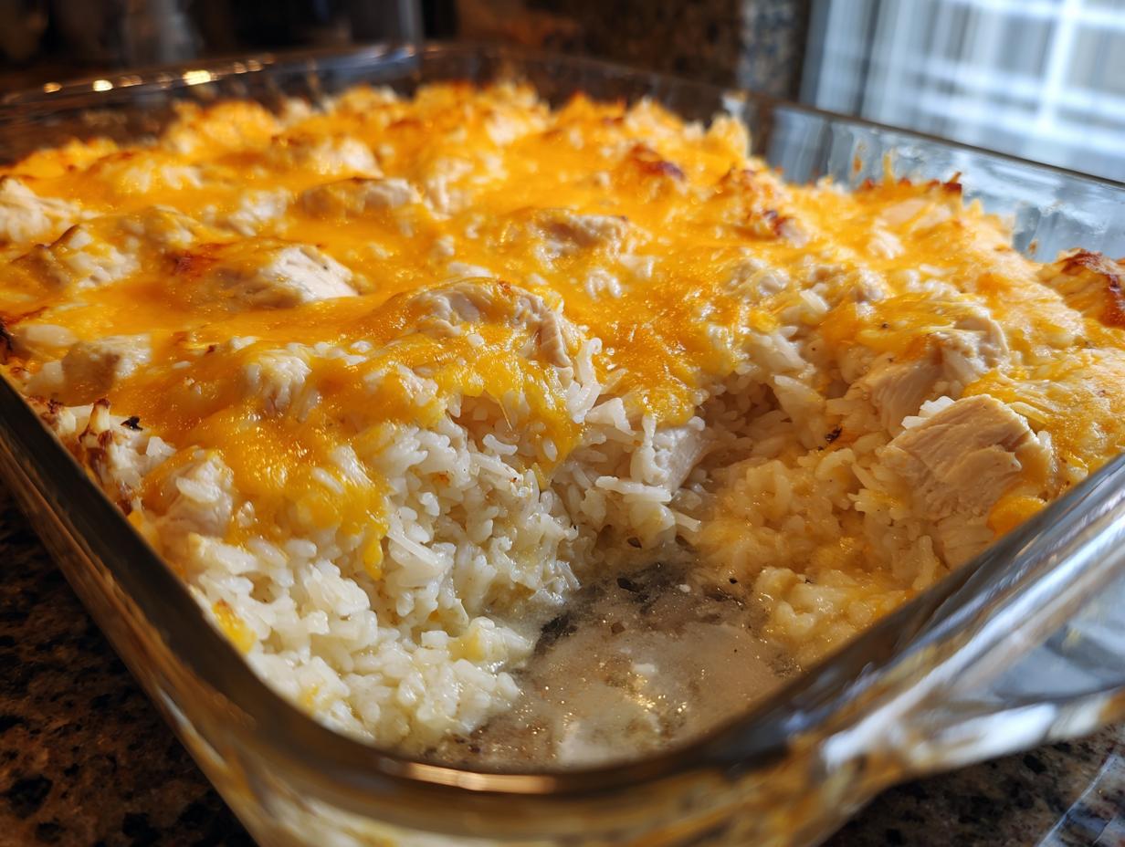 A close-up of a baked chicken and rice casserole topped with melted cheddar cheese in a glass dish.