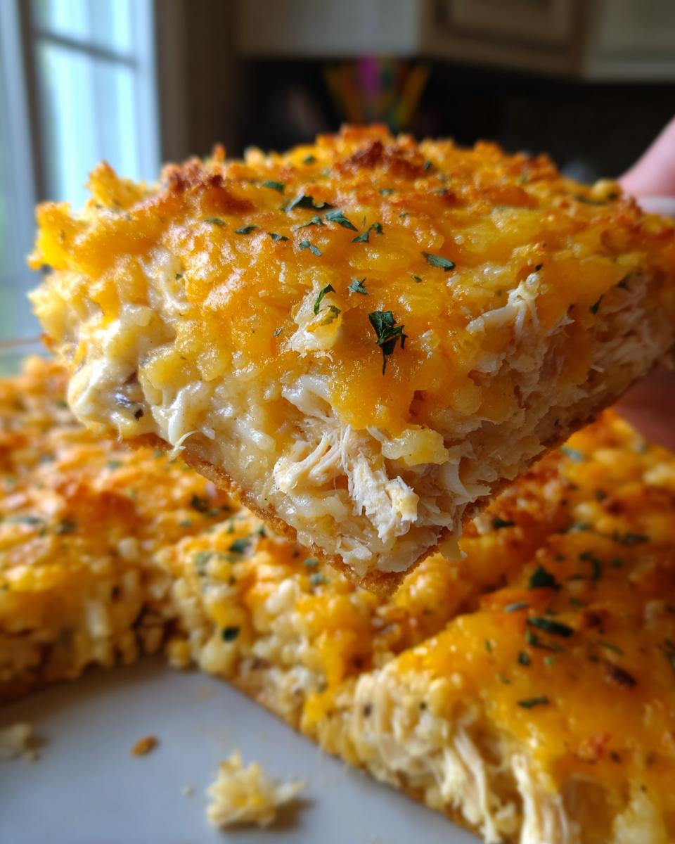 A close-up of a cheesy, baked slice of chicken and wild rice casserole being lifted.