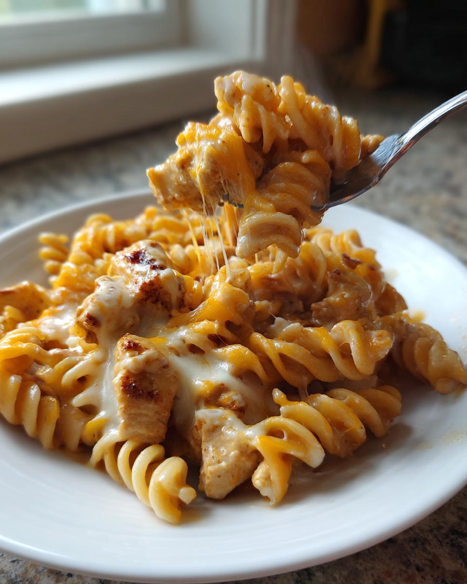 A fork lifts a bite of cheesy chicken pasta, showing long strings of melted cheese.