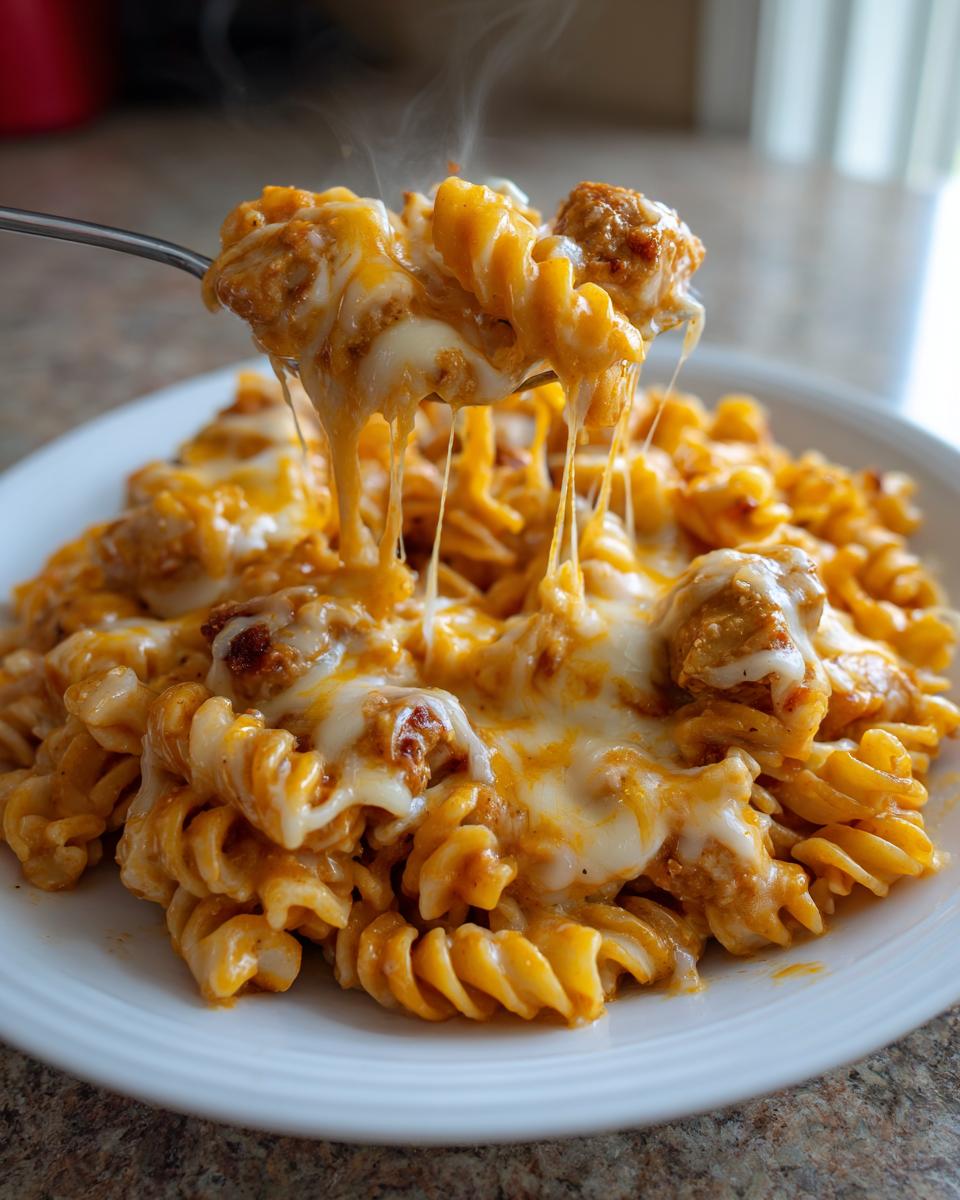 A fork lifting cheesy chicken pasta, showing long, gooey cheese strings stretching from the plate.