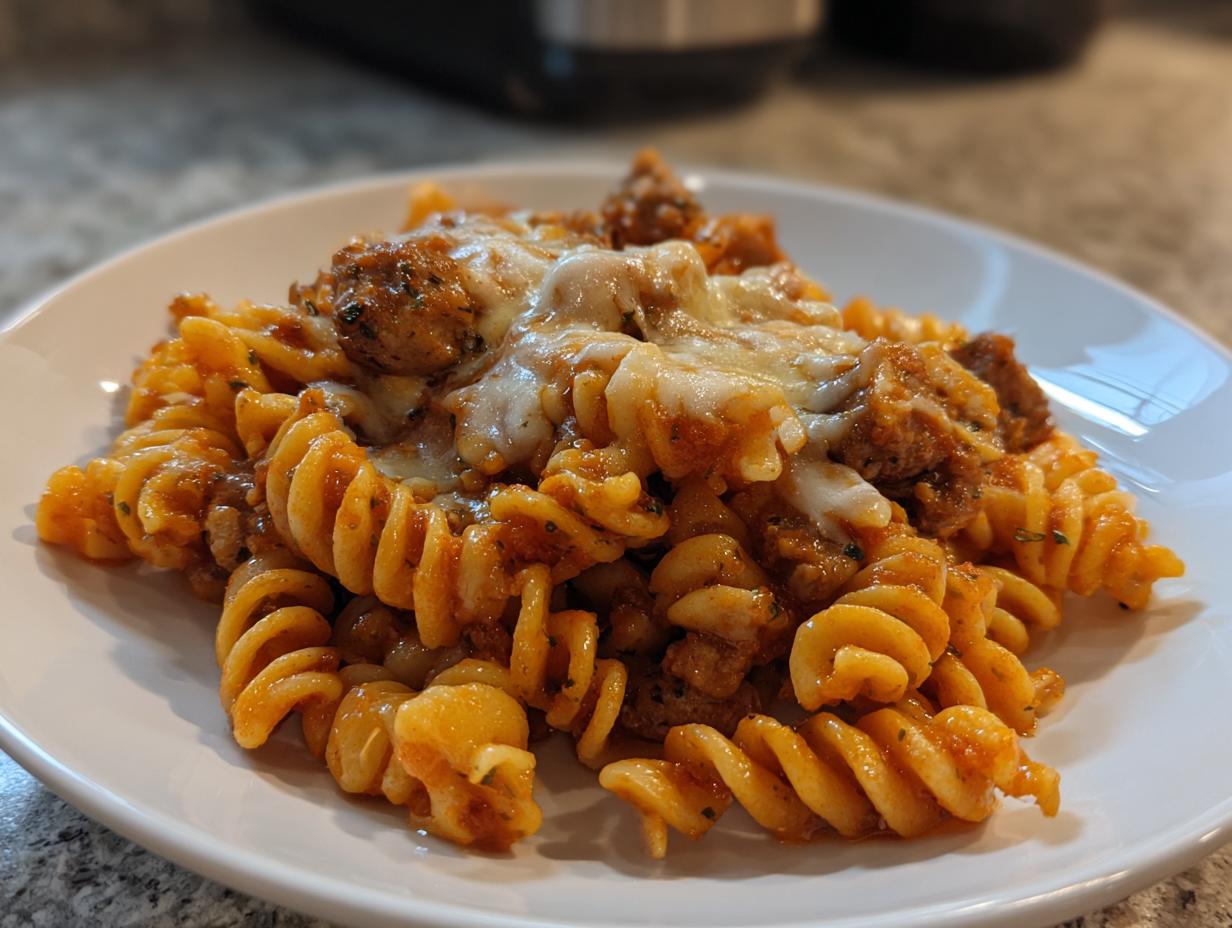Close-up of cheesy chicken pasta featuring fusilli noodles coated in tomato sauce and topped with melted cheese.