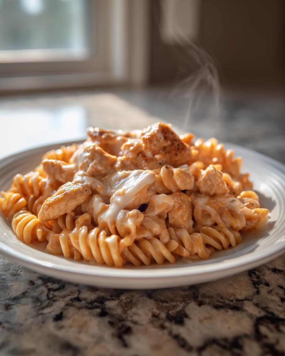 A plate of hot, steaming cheesy chicken pasta made with fusilli noodles and chunks of seasoned chicken.