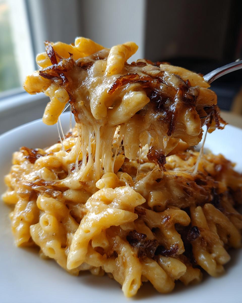 Close-up of cheesy french onion pasta with caramelized onions, showing a dramatic cheese pull as a fork lifts a portion.