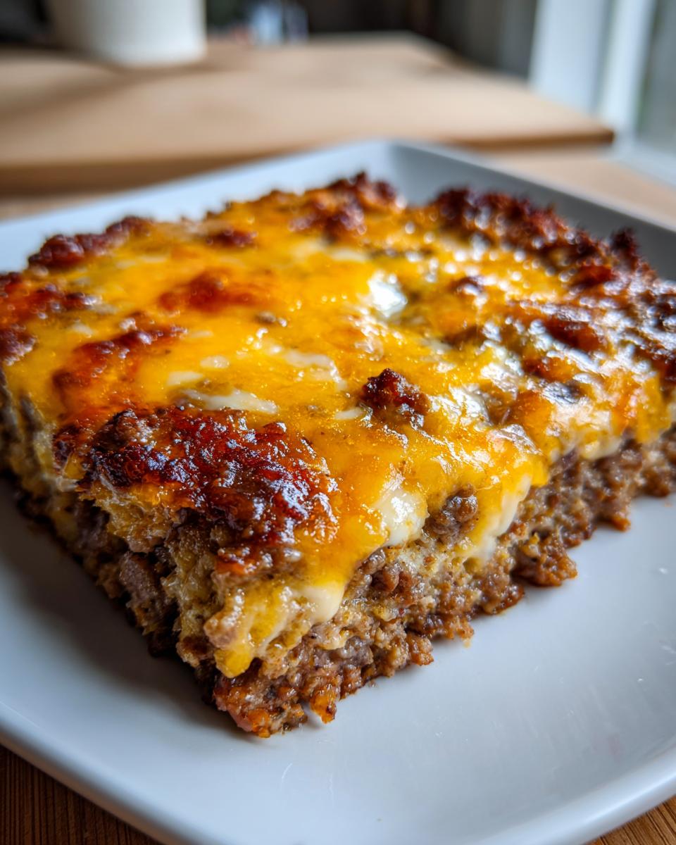 Close-up of a square slice of baked meatloaf casserole topped with melted, browned cheddar cheese.