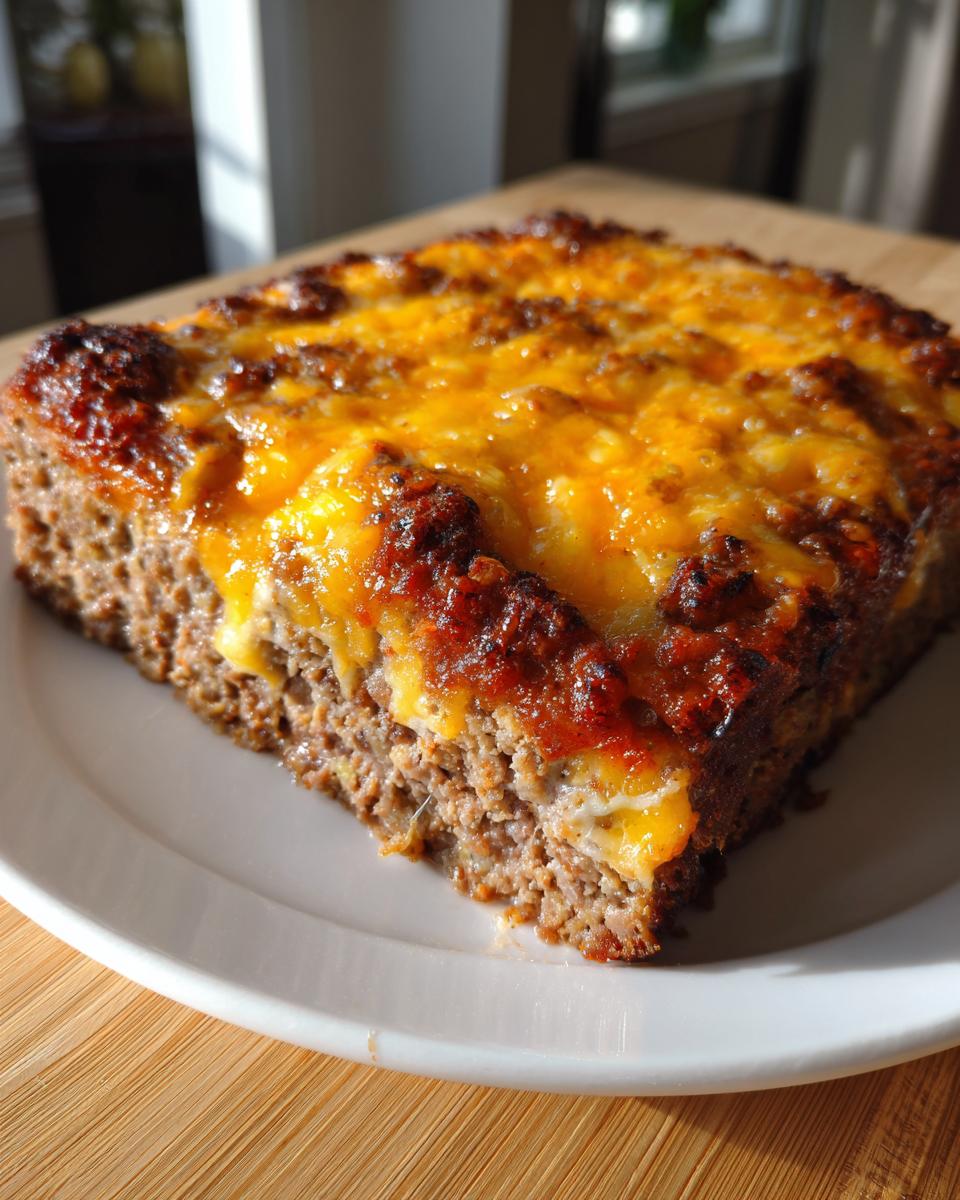 A square slice of baked meatloaf casserole topped with melted, browned cheddar cheese.