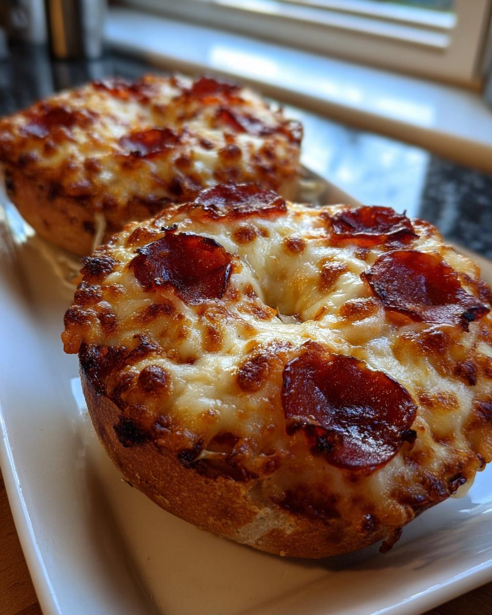 Two freshly baked pepperoni pizza bagels topped with melted, bubbly cheese served on a white plate.