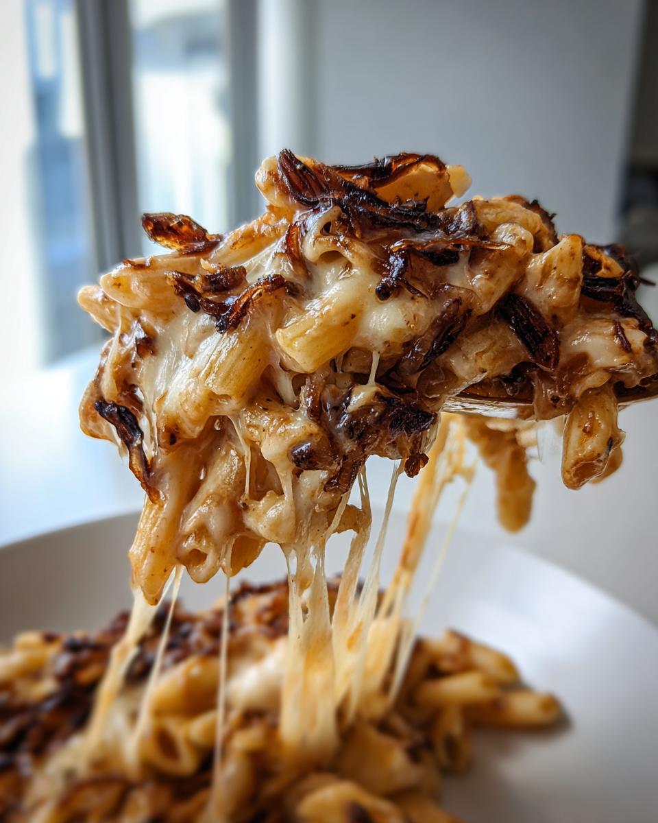 Close-up of a fork lifting french onion pasta with melted cheese stretching in long strings.