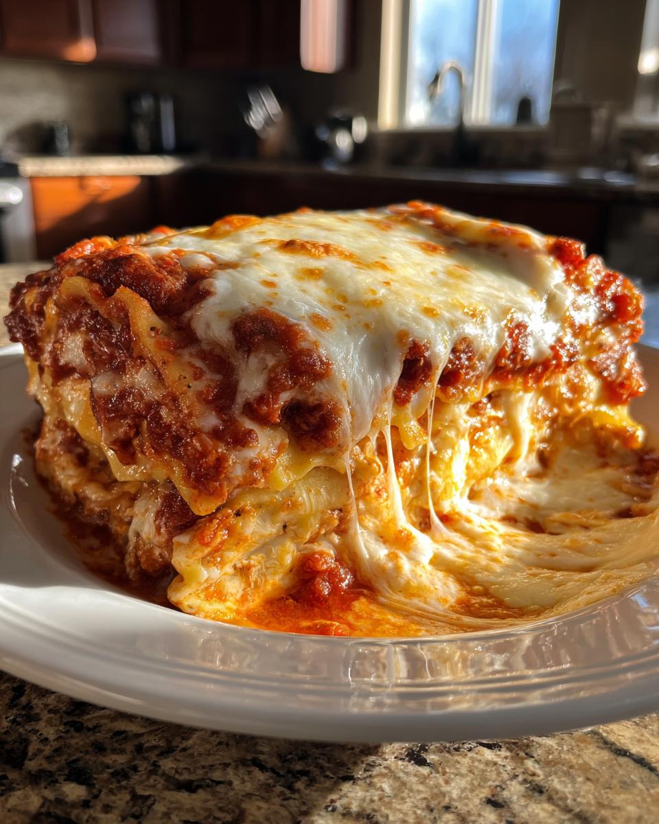 A decadent, cheesy slice of ravioli lasagna showing extreme cheese pull, covered in rich tomato sauce.