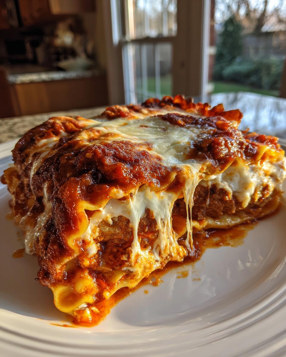 A close-up shot of a cheesy slice of ravioli lasagna with melted mozzarella stretching as it is served.