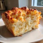 A close-up of a fluffy slice of cheesy beer bread with a golden-brown, baked top crust.