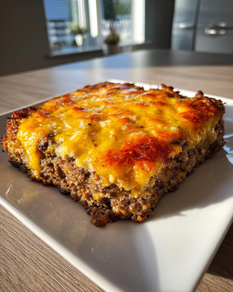 A square slice of baked meatloaf casserole topped with melted, browned cheddar cheese.