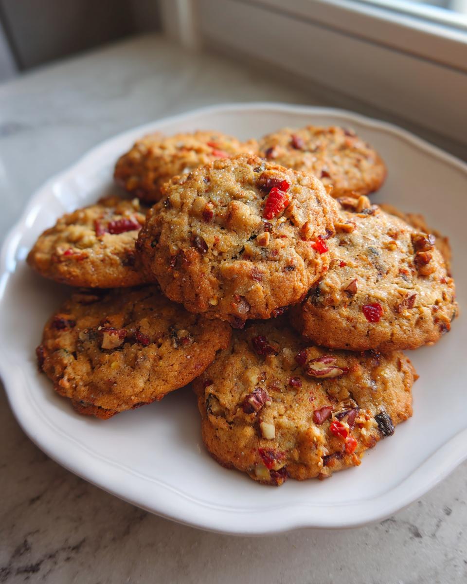 A stack of freshly baked, chewy fruitcake cookies loaded with colorful candied fruit and nuts on a white plate.