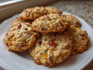 A stack of freshly baked, chewy fruitcake cookies loaded with colorful candied fruit and nuts on a white plate.