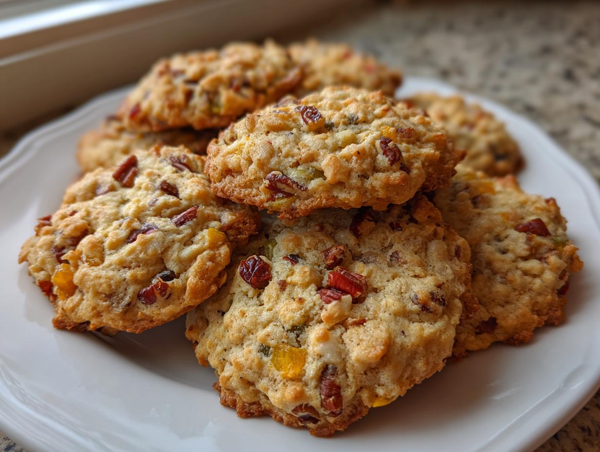 A stack of freshly baked, chewy fruitcake cookies loaded with colorful candied fruit and nuts on a white plate.